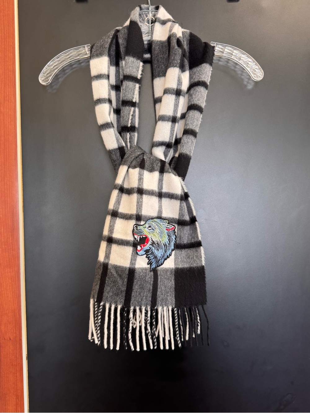 Neiman Marcus Cashmere Plaid Scarf With Wolf Embroidered Patch Biker 100% Cash